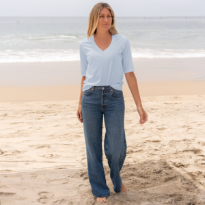 Womens Elbow Sleeve V-Neck - Sky Blue