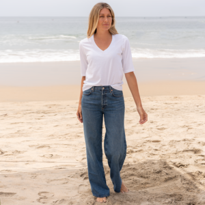 Womens Elbow Sleeve V-Neck - White